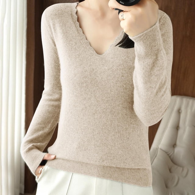 EGNMCR Chandail à Col Rond Mode Femme Décontracté Col Semi-Montant Couleur Unie Ample Base Tricoté Chandail Femme Blouse Polyester