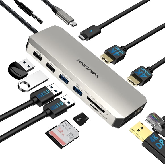 WAVLINK 12-in-1 USB C Hub Triple Display, 85W Charging, Dual HDMI + DisplayPort 4K@144Hz, Gigabit Ethernet, USB 3.0, SD/TF Reader for Laptop (MacBook, Windows, iPad)