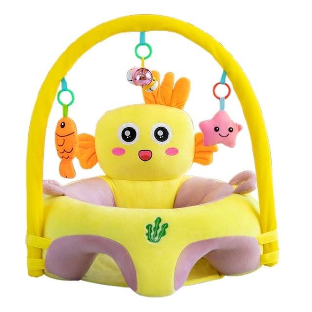 Baby Support Sofa Baby Chairs for Sitting Up, featuring a vibrant yellow and pink design with a cartoon fish character on the backrest. The chair includes two front leg holes for comfort and a supportive high backrest to aid babies aged 6-16 months in sitting up. A yellow arch with hanging toys, including a fish, star, and bell, provides entertainment. Made with soft, baby-safe materials, this chair is lightweight and portable, ideal for home use or gifting.
