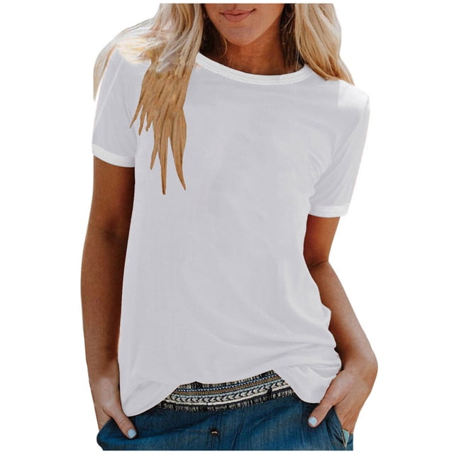 Pompotops T-shirt Uni pour Femme, Manches Courtes, Blouse à Col Rond, Hauts Décontractés, Liquidation