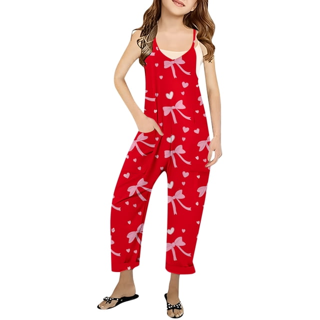 Girls Romper Bow Print Jumpsuits Rompers for Girls Loose Casual Rompers with Pockets Preppy Clothes 5-6 Y