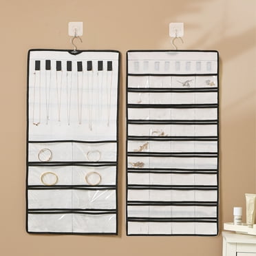 Boovnll Hanging Jewelry Organizer Necklace Earrings Rings Hanger With 48 Jewelry Bags Travel Storage Roll With Pockets Hang On Closet Wall Door