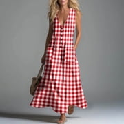Neewe Women's Summer Maxi Dress Classic Strap Dresses Loose Casual Plaid Print V Neck Flowy Hem Long Maxi Sundress