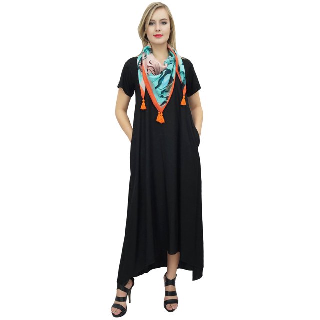 Bimba Women's Asymmetrical Hem Black Summer Maxi Pockets Dress With Scarf-12