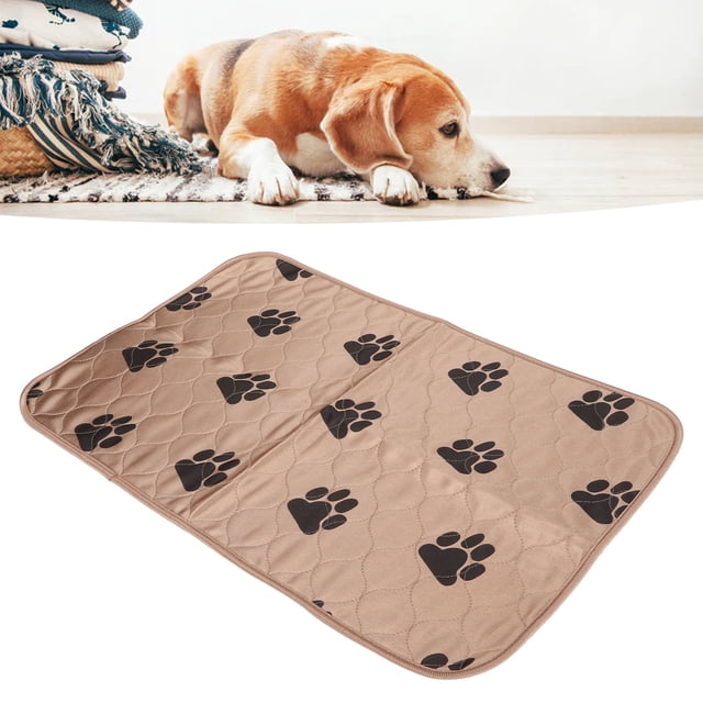 Tapis Pipi Lavable pour Chiens, Doté d'Un design Imperméable et Réutilisable. le Tapis Mesure Environ 60x40 cm (23,6x15,7 Po) et Est Fait de polyester avec un Enrobage de Bord à Haute Densité pour la Durabilité. le Tapis beige a des Motifs d'Empreintes de Pattes Noires et une texture Matelassée, Conçu pour l'Apprentissage de la Propreté Ultra-Absorbant et Étanche pour Chiens et Chats. Idéal pour le Nettoyage des Animaux et la Gestion des Déchets.