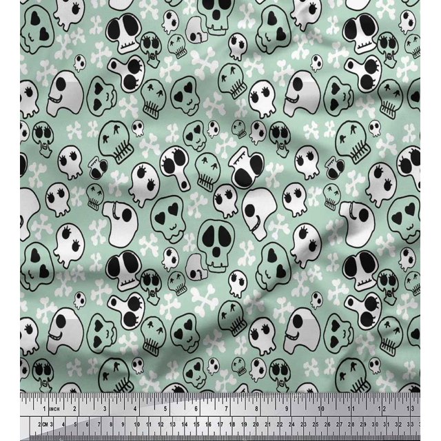 Soimoi Poly Georgette Fabric Crossbone & Skull Halloween Print Sewing Fabric Yard 52 Inch Wide