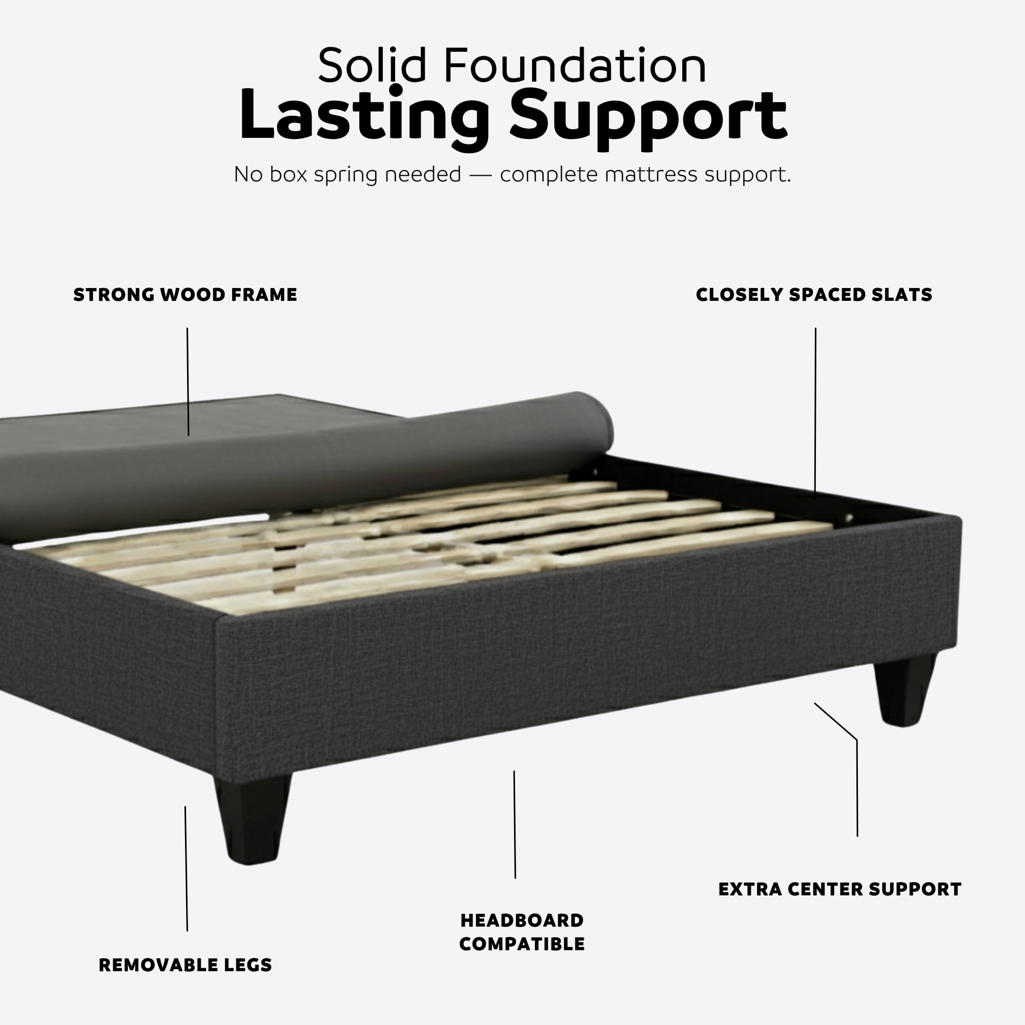 PRIMO Carter Upholstered Platform Bed Frame – Twin Size, Dark Grey Linen Look Fabric, No Box Spring Required, Durable Wood Slats – Bedroom Foundation