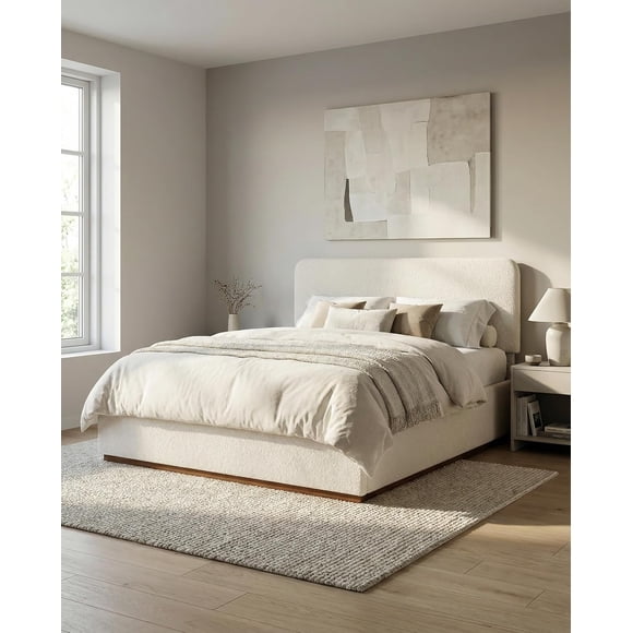 Aykah Eira Boucle King Bed Frame with Storage, Upholstered Headboard, Metal Bed Frame King Size with Headboard, Hydraulic Storage System, No Box Spring Required (Marshmallow Boucle)