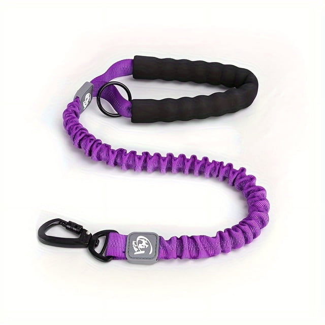 CNKOO Strong Dog Leash, a heavy-duty dog training leash designed for large and medium dogs, featuring a vibrant purple elastic design with a padded black handle for comfort. Includes a durable metal clip and ring for secure attachment.