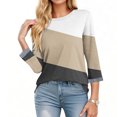 thumbnail image 3 of Mevxay Hauts d'Automne Grande Taille pour Femmes Manches 3/4 Tunique à Blocs de Couleur T-Shirts Décontractés Amples Col Rond Blouses Tendance Kaki 2TG, 3 of 6