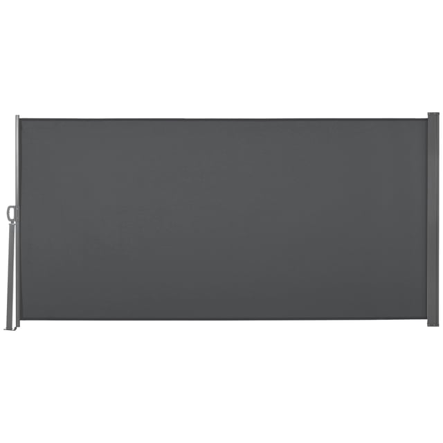 Outsunny 118" x 63" Retractable Side Awning Folding Privacy Screen in grey, featuring a durable polyester fabric with PA coating for UV resistance, waterproofing, and easy cleaning. The screen includes a high-quality steel frame, an automatic roll-back function, and a handle for smooth operation. Designed for outdoor use on patios, terraces, or balconies, it provides privacy, blocks light breezes, and shields against low sun. Dimensions: 118.1" L x 63" H, extendable up to 118.1".