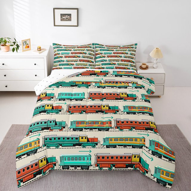 Erosebridal Cartoon Train Bedding Sets Full with Comforter, Colorful Steam Engine Duvet Insert, Transportation Theme Room Decor, Reversible 3-Piece