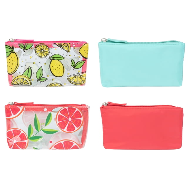 EQB - Cosmetic Bag - Mini Case Assorted - 1Pc showing four mini cosmetic bags: two clear bags with lemon and grapefruit prints and two solid-colour bags in coral and teal, each with a zipper closure, ideal for organizing cosmetics, jewellery, or small accessories.