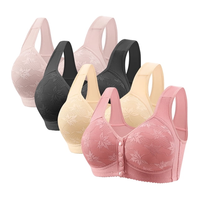 FAVIPT Bra Pack for Women 4 Pack Wireless Comfortable Lace Underwear Full Coverage Front Closure Bralettes Everyday Senior Bras Multicolor,M