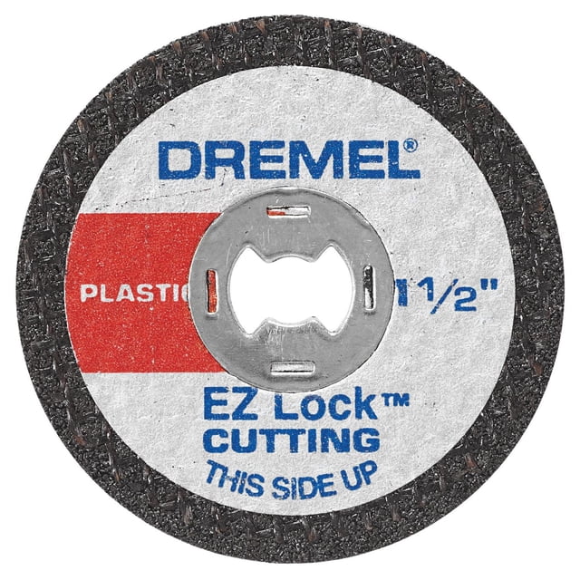 Dremel EZ476 EZ Lock™ 1-1/2" cut-off wheel designed for plastic cutting, featuring a textured black abrasive surface and a central silver EZ Lock mandrel with cutouts, labeled with blue and red text on a white background.