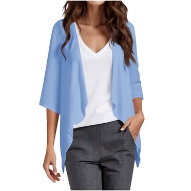 Kaemgyyd Womens 3/4 Sleeve Lightweight Cardigan Summer Chiffon Open Front Kimono Cardigans Breathable Ruffle Loose Tops