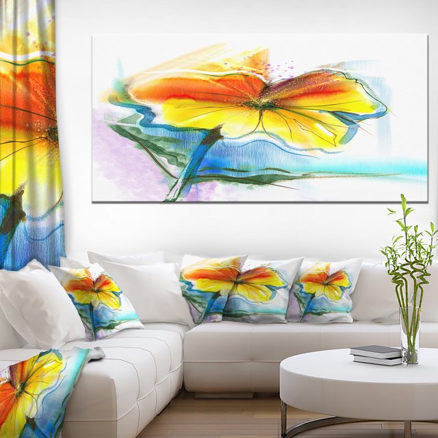 Hand Painted Yellow Pink Red Daisies - Large Floral Canvas Art Print