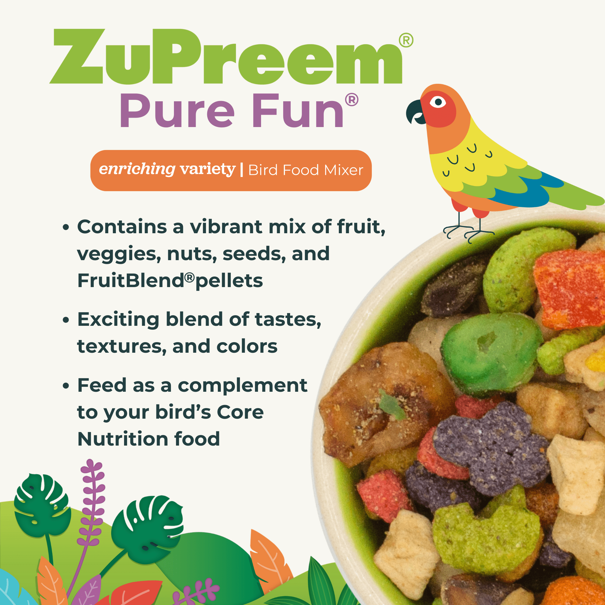 Zupreem Pure Fun Bird Food for Parrots, Conures, Large Birds, 2 lb Bag
