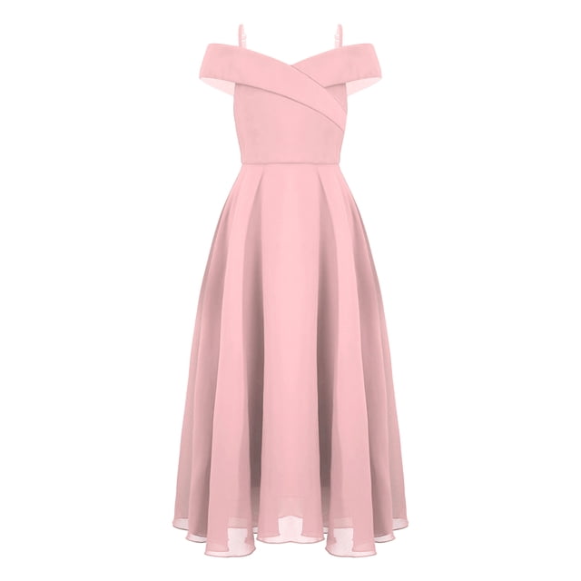 YONGHS Robe de Demoiselle d'Honneur à Épaules Dénudées pour Fille, Bretelles Spaghetti, Coupe Trapèze, Chiffon, Longue Robe Formelle Rose 8
