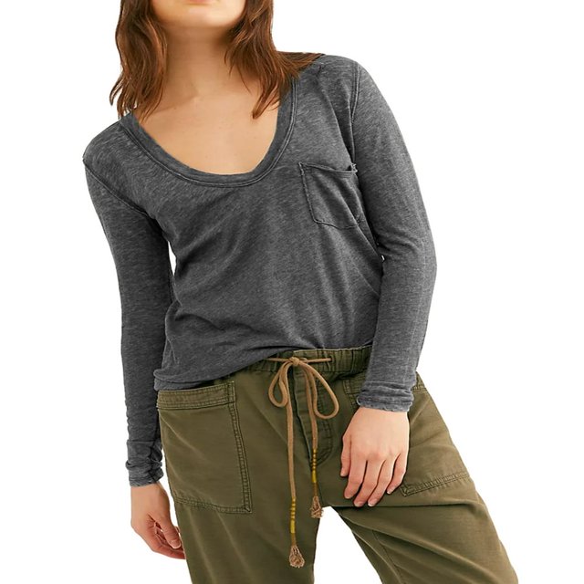 Women‘s Causal T-Shirt V Neck Long Sleeve Loose Fit Tops Solid Color Blouse Basic Tees