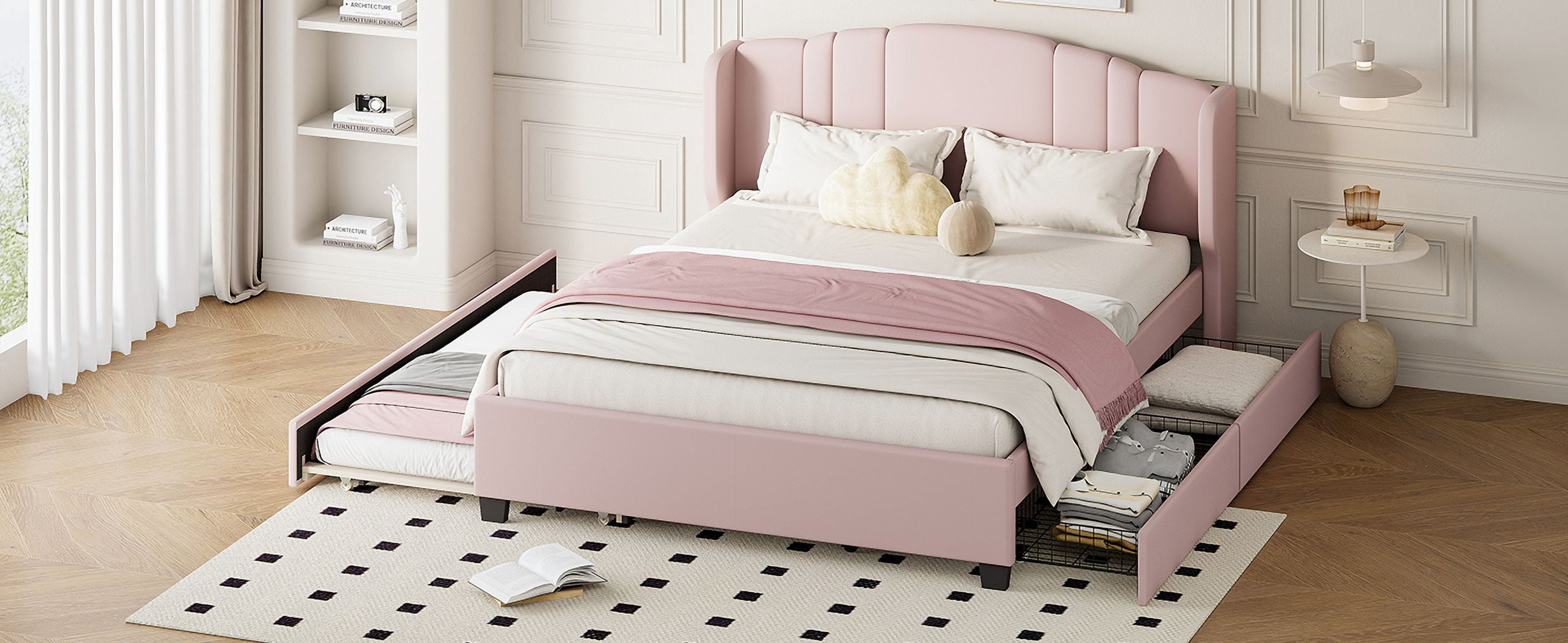 Noble House Upholstered Platform Bed with Wingback Headboard,Queen Size,Pink