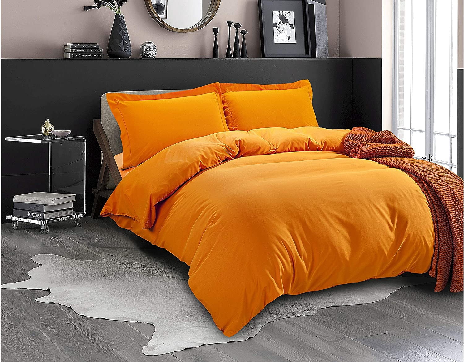3-Piece Duvet Cover Set, 1800 Thread Count, Button Closure, Solid Color - Cooling, Breathable Material- Wrinkle, Fade, Stain Resistant, Full/Queen, Elite Orange