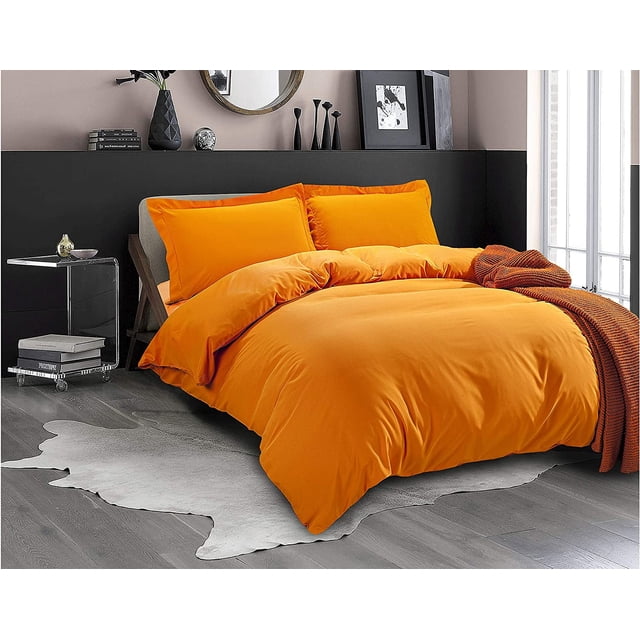 3-Piece Duvet Cover Set, 1800 Thread Count, Button Closure, Solid Color - Cooling, Breathable Material- Wrinkle, Fade, Stain Resistant, Full/Queen, Elite Orange