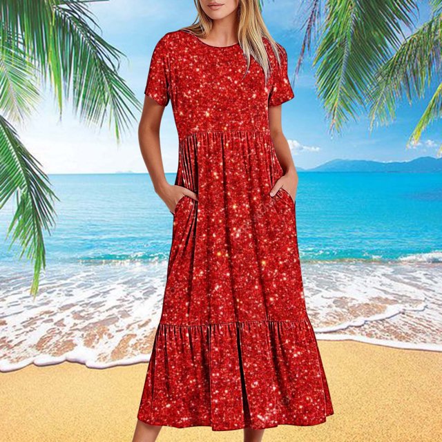 Robes pour Femmes 2024 Été Surdimensionnée Décontractée à Manches Courtes Col Rond Robe Décontractée Fluide à Étages Maxi Robe de Plage avec Poches Robe à Imprimé Brillant Rabais de 50 % Liquidation!