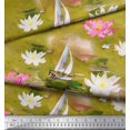 thumbnail image 2 of Soimoi Green Velvet Fabric Yacht & Lotus Flower Print Sewing Fabric BTY 58 Inch Wide, 2 of 3