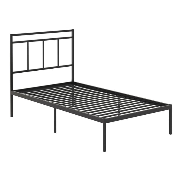 Sauder Cannery Bridge Twin Platform Bed with integrated headboard and bronze powder-coated metal frame finished on all sides, designed to support twin mattresses without box springs, shown in a 3/4 front view on a white background, ideal for guest or kid's bedrooms.