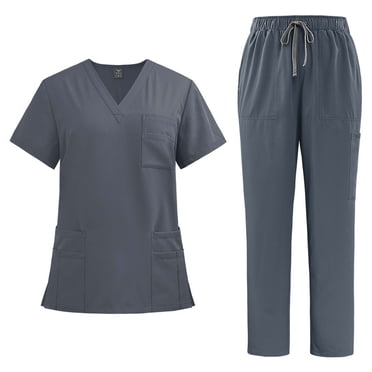 Amzcrzy Ensemble de Sarraus pour Femmes Couleur Unie Manches Courtes Col en V Hauts de Sarrau Pantalons de Sarrau Jogger pour Femmes Décontracté Confortable Surdimensionné Ensembles de Sarraus de Travail avec Poches