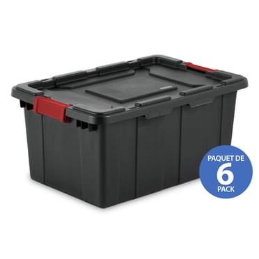 Bac Industriel Sterilite de 57 L, bac de rangement robuste en plastique avec couvercle à loquets, noir, 6 Pk