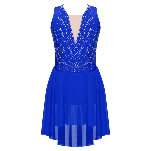 Sholeno Robe de Patinage Artistique Sans Manches avec Strass Asymétrique Compétition Danse Bleu Royal 16