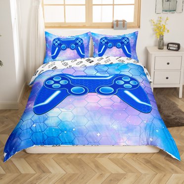 Erosebridal Housse de Couette Manette de Jeu Bleue Complète, Housse de Couette Alvéole de Jeu Vidéo Complète, Décoration de Chambre Géométrique, Réversible, 3 Pcs (Sans Couette)