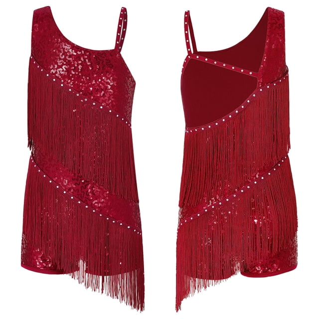 Mufeng Vêtements de Danse Latine Rumba pour Grandes Filles Justaucorps de Jazz Moderne Compétition Samba Tango Robe de Danse à Franges Bourgogne 12