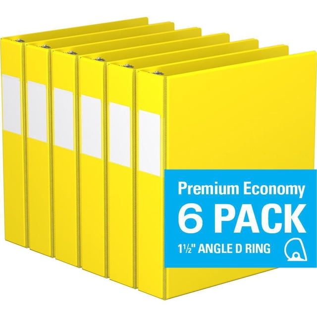 Davis Group, Premium Economy, D Ring, Binder, 6 Pack, 1.5" showing six yellow binders with white label holders on the spine, arranged side by side at a slight angle, featuring 1.5 inch angle D rings and clear interior pockets for document storage, suitable for office supplies and document organization in schools and conferences.