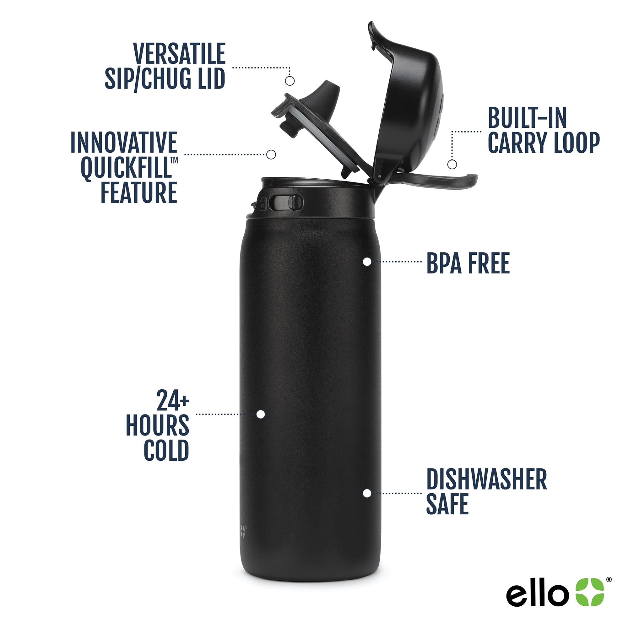 Ello 18 oz Flip & Fill Black Stainless Steel Water Bottle