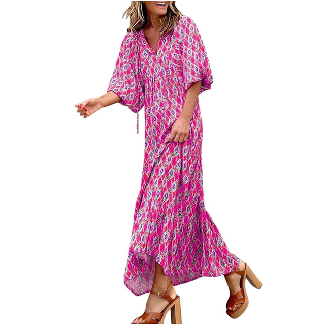RKSTN Robes pour Femme Robe à Imprimé Floral à Manches Bouffantes Grande Taille Robe à Manches Courtes à Col en V Fluide Robe Maxi de Soirée