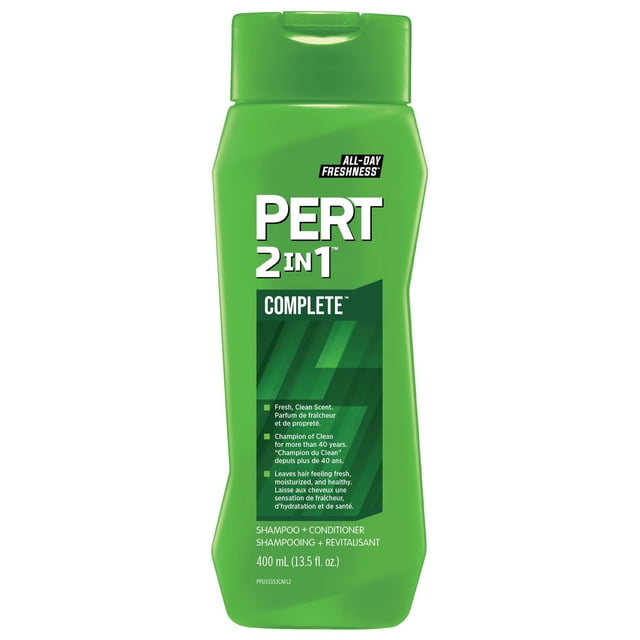 Pert Complete Clean 2 en 1 Shampooing plus Revitalisant dans une Bouteille en Plastique Verte avec Bouchon à Rabat, Offrant un Parfum Frais et Propre, Formule Hydratante pour des Cheveux Sains et Gérables et une Fraîcheur Toute la Journée, 400 ml (13.5 fl. oz.).