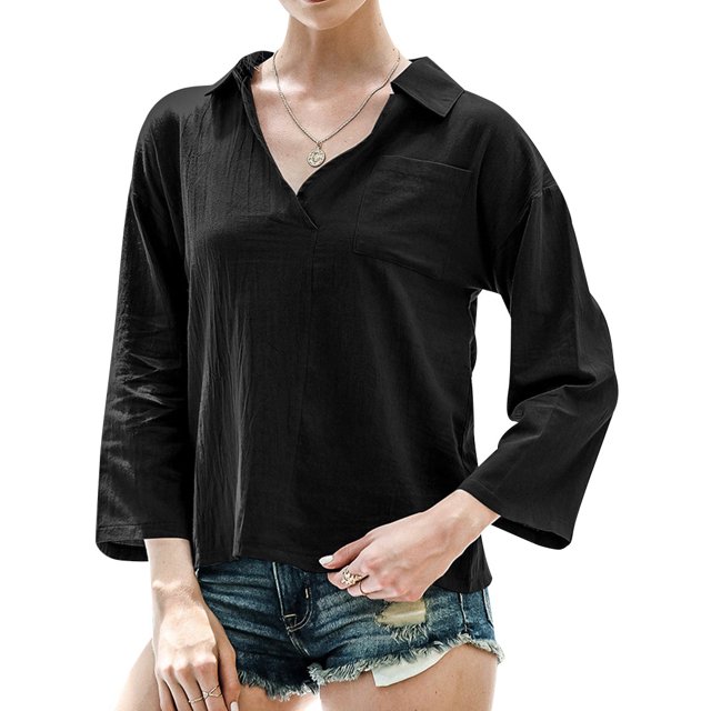 Women Pocket Long Sleeve Stand Collar V Neck Solid Color Shirt