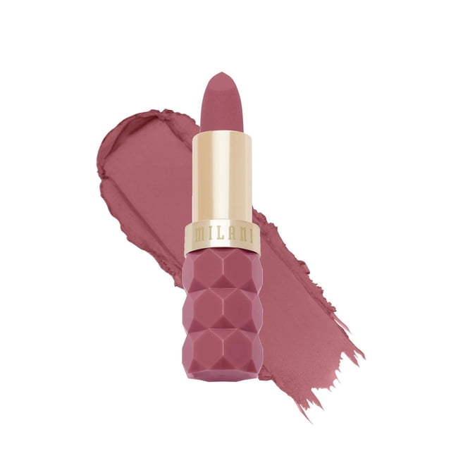 Milani Color Fetish Matte Lipstick in mauve pink with a geometric textured matte casing and gold band featuring the Milani logo, shown with a swatch of the ultra-creamy, pigment-rich velvet matte formula that provides full coverage and moisturizing hyaluronic acid.