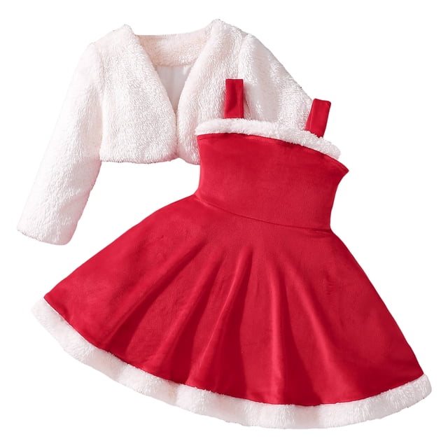 Splozh Ensemble de Vêtements pour Bébé Fille Printemps Automne, Ensemble 2 Pcs en Velours Rouge Robe de Noël et Manteau avec Cardigan Blanc Rouge, 5-6 Ans
