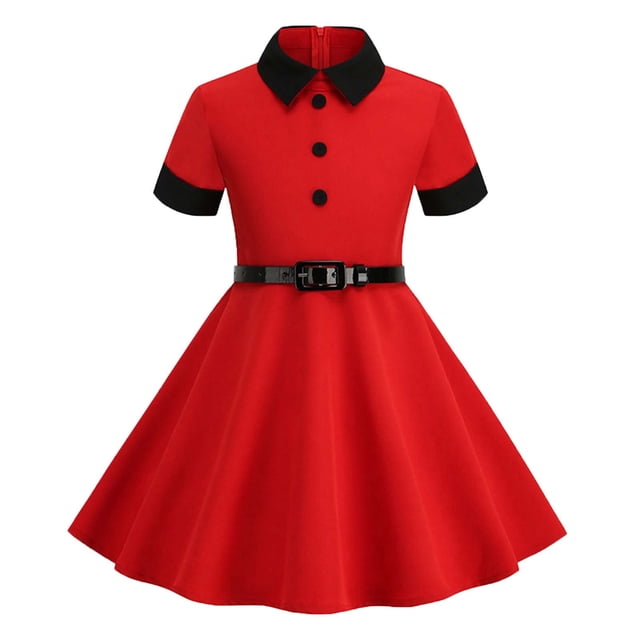 PMVFHDE Robes d'Été pour Filles Manches Courtes Ceinture Vintage Robe pour Enfants, Rouge, 7-8 Ans