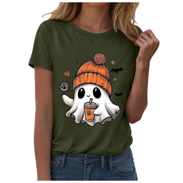 T-shirt Graphique à Manches Courtes d'Halloween pour Femmes Col Rond Décontracté pour Tenue de Fête d'Été avec Jeans