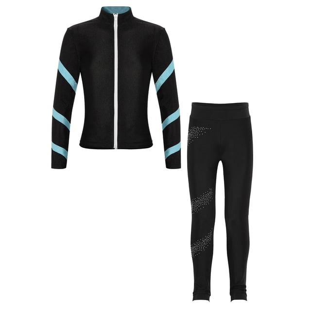 Yeahdor Kids Girls 2 Piece Figure Skating Training Suit Long Sleeve Zipper Jacket And Rhinestone Leggings Set Light Blue 8