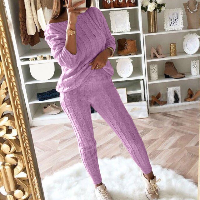 Womens Ladies Solid Round Neck Cable Knitted Warm 2PC Loungewear Suit Sets