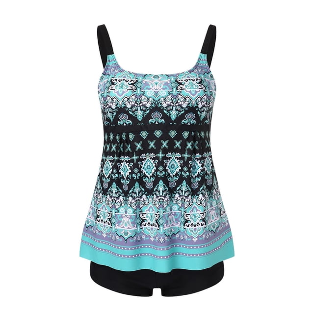 VEKDONE Two Piece Swimsuits for Women Plus Tankini Tummy Control Bathing Suit Ruffles Tankini Top with Bikini Bottoms Blue,M