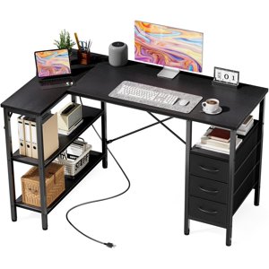 DUMOS L Bureau en forme avec tiroirs à étagère 47 Inch, Black Corner Ordinateurs Bureau Gaming avec Power Outlet, Table d'étude avec étagères réglables, Tables de bureau à la maison pour la lecture d'enseignants dans la chambre