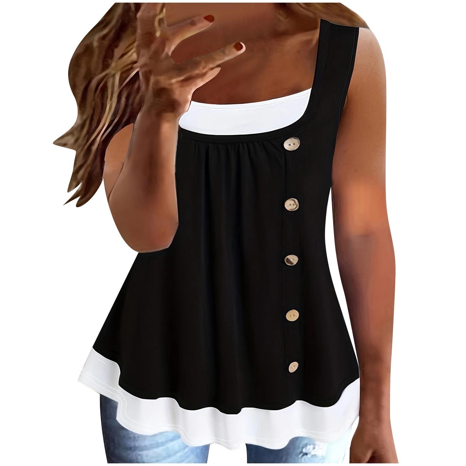 Chbgutlmr Hauts pour Femmes Grande Taille Col Rond Sans Manches à Boutons Froncé Patchwork Débardeur Ample à Blocs de Couleur