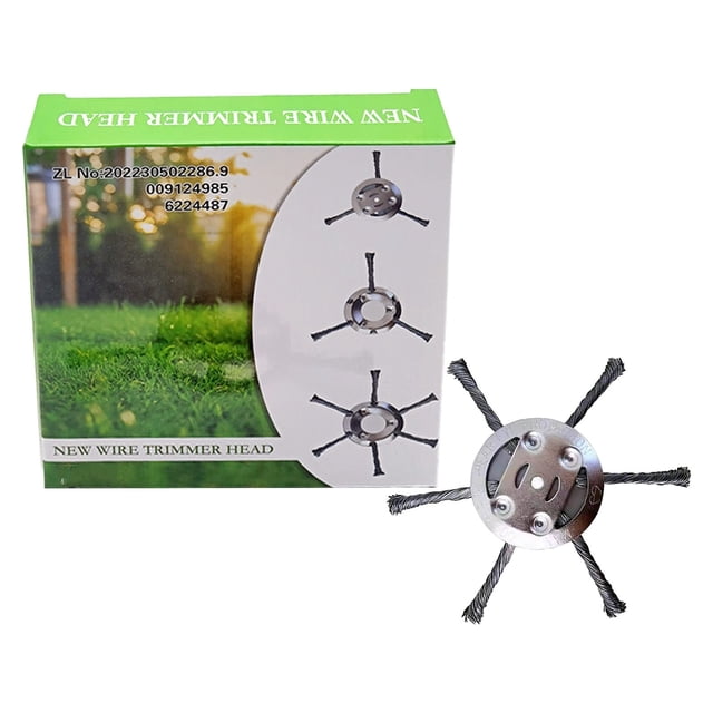 ZTTD 2025 New Universal Steel Wire Grass Trimmer Head with 6-inch steel blades and adapter, shown alongside its packaging. The trimmer head features tightly woven steel wire bristles for efficient cutting of grass, weeds, moss, and small branches. The packaging highlights its universal compatibility and lightweight design, suitable for electric and cordless string trimmers with a 5.5mm bore size. Ideal for outdoor tasks like clearing weeds from pavement cracks, garden edges, and gravel paths.